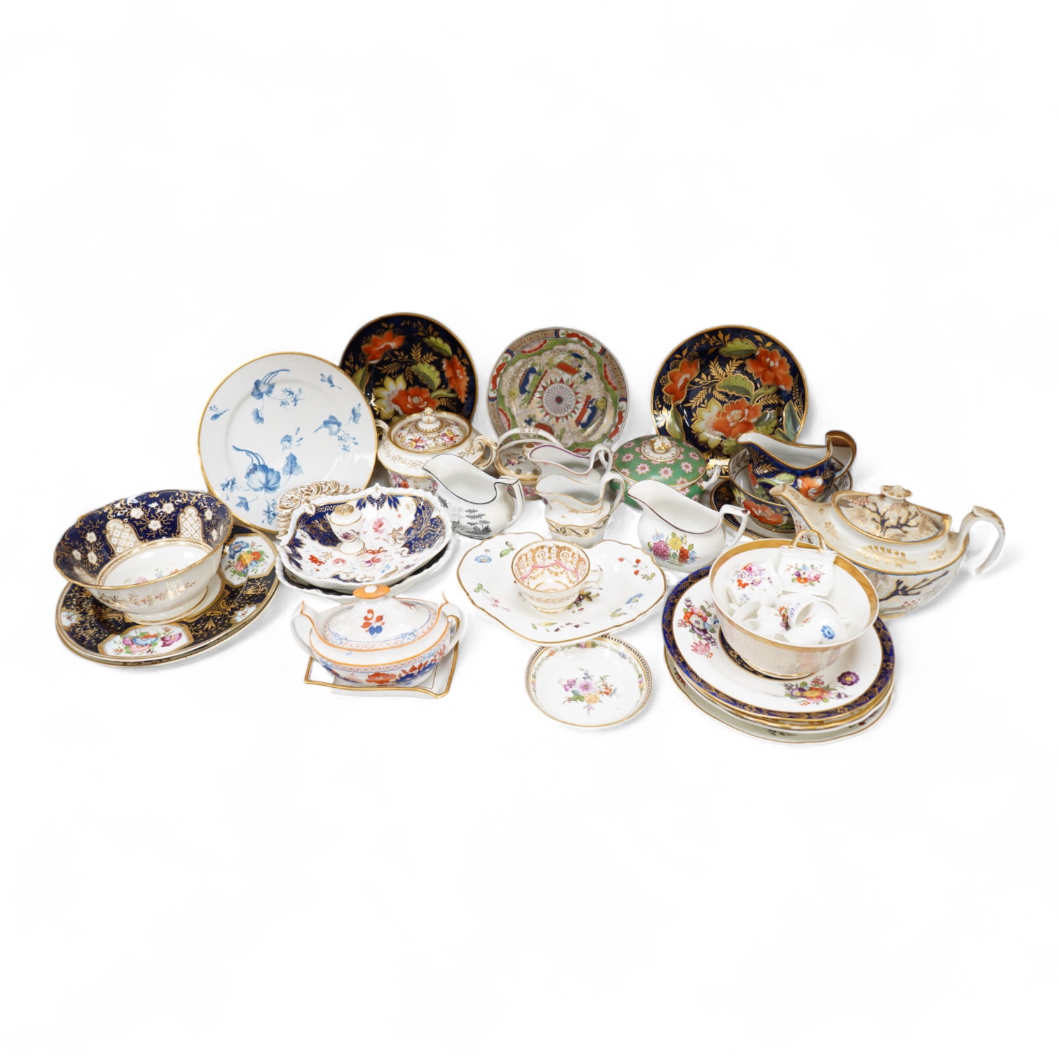 A collection of early 19th century English porcelain tea, dessert and dinner wares including Derby dessert plates, Bloor Derby, Barr Flight & Barr plate, Spode, Coalport etc.